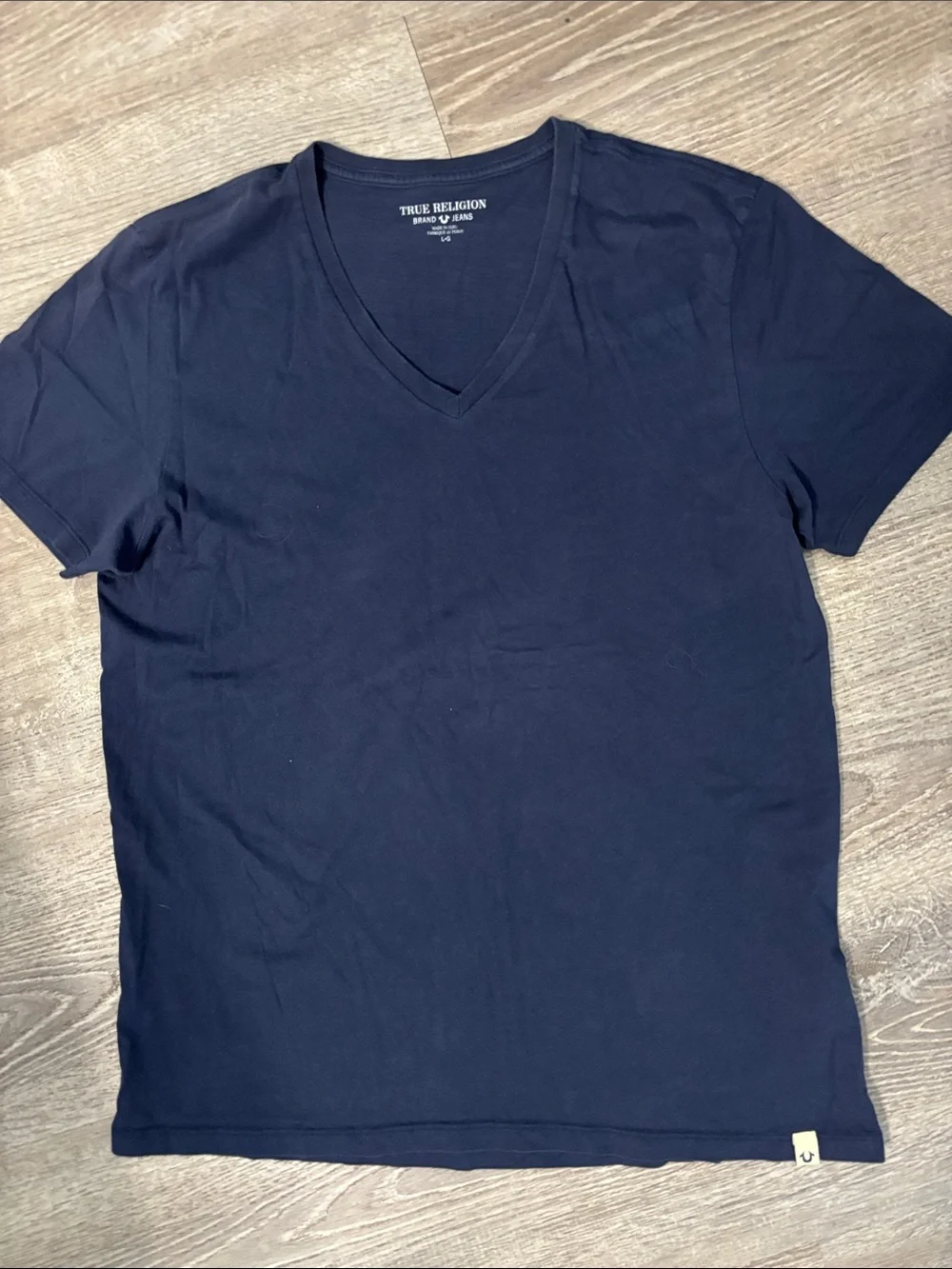 True Religion Men's Navy Blue V-Neck T-Shirt Large 100% Cotton